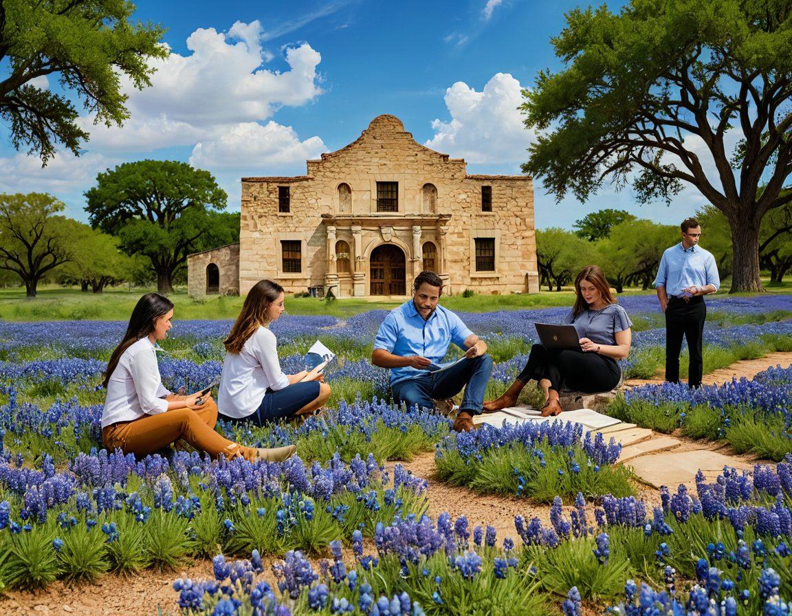A vibrant Texas landscape featuring a diverse group of people brainstorming financial plans, surrounded by elements representing credit solutions like calculators and documents. In the background, iconic Texas landmarks such as the Alamo and bluebonnets are visible, symbolizing growth and prosperity. The scene is infused with warm, inviting colors, radiating positivity and hope for a brighter financial future. super-realistic. vibrant colors. 3D.
