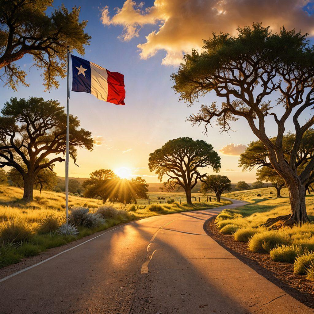 A vibrant Texas landscape showing a winding road leading from a rocky terrain on one side, symbolizing debt, to a flourishing field of money trees and golden coins on the other, signifying wealth. Include elements like a diverse group of people studying credit education materials together, with the Texas flag waving in the background. Bright sun shining above to represent optimism and growth. super-realistic. vibrant colors. soft focus.